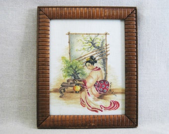 Geisha Female Portrait Painting, Original Vintage Asian Framed Wall Art, Wooden Frame