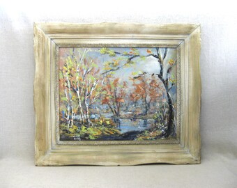 Vintage Woodland Landscape Oil Painting, Framed Original Wall Art, Rustic Cabin Décor