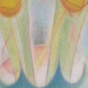Peut inclure: Peinture abstraite avec deux cercles jaunes et des formes g&eacute;om&eacute;triques vertes et bleues. La peinture a un fond bleu clair avec des lignes roses et jaunes.