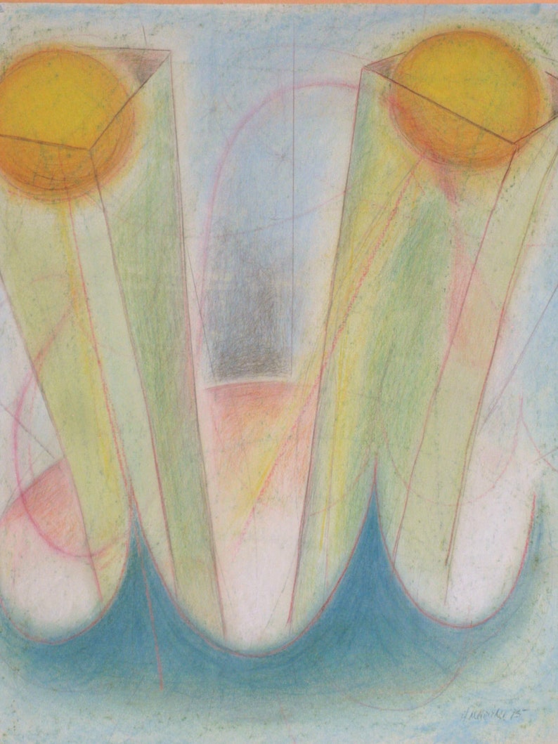 Peut inclure: Peinture abstraite avec deux cercles jaunes et des formes g&eacute;om&eacute;triques vertes et bleues. La peinture a un fond bleu clair avec des lignes roses et jaunes.