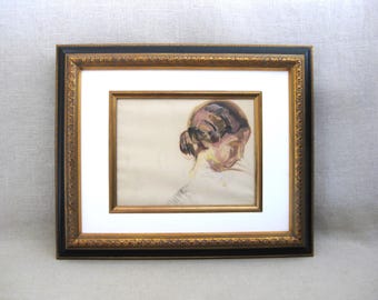 Female Portrait Figural Painting, Original Framed Renault Gouache Antique Wall Art