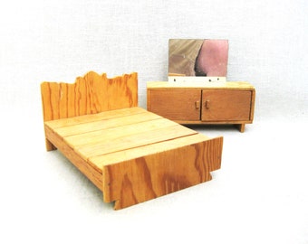 Rustic Dollhouse Furniture, Miniature Bed and Cabinet, Primitive Mid-Century Vintage Toys