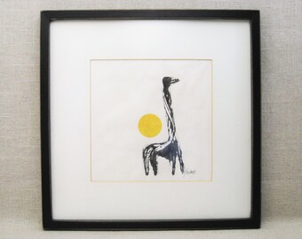 Vintage Giraffe Ink Monotype Fine Art Print Framed Original Fine Art Modern Contemporary Décor