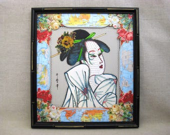 Tattooed Female Portrait Geisha, Original Pen and Ink Drawing Mixed Media Woodcut Print Framed Asian Wall Art