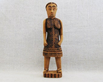 Tribal Female Figure Portrait Sculpture, Folk Art Carved Wood Madagascar Rustic Cabin Home Décor