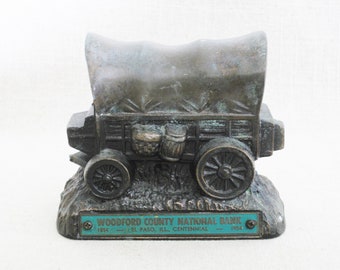 Souvenir Vintage Piggy Bank Stagecoach Coin Savings Metal Figural Saver w Western Theme Housewarming Gift
