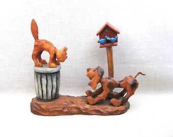 Vintage Folk Art Dog and Cat Sculpture, Animal Wood Carving, Signed CM Winters