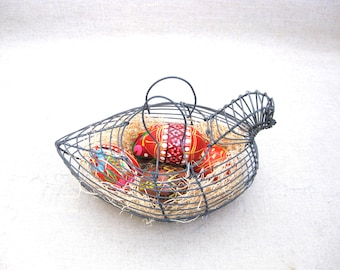 Wire Chicken Egg Basket Filled w Collection of Vintage Wooden Eggs, Easter Hostess Gift, Rustic Farmhouse Kitchen Décor