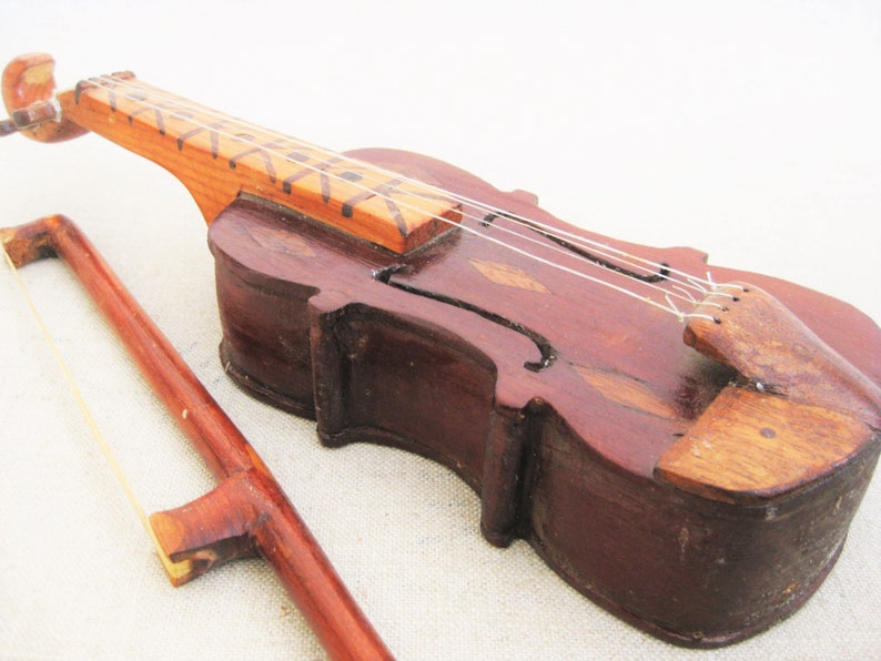 Folk Art Miniature Violin Sculpture Carving, Vintage Fiddle Wooden