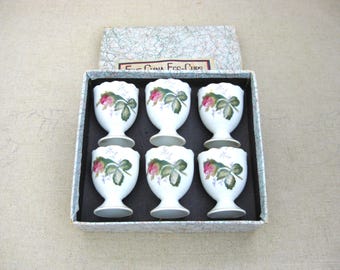 Vintage Egg Cups, Fine China Set of 6, Floral Rose Pattern in Original Box