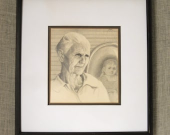 Vintage Female Portrait Drawing, Framed Original Pencil Fine Art Classical Wall Décor