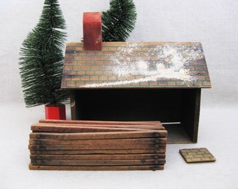 Vintage Christmas Village Wooden House and Fence, Antique Primitive Holiday Décor