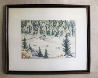 Large Snowy Winter Landscape, Original Watercolor Painting, Framed Vintage Wall Art, Signed M Young, Rustic Cabin Mountain Décor