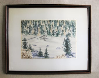 Vintage Winter Landscape Original Watercolor Painting Signed M Young Rustic Cabin Mountain Home Décor