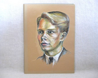 Mid-Century Vintage Male Portrait Drawing Original Fine Art Masculine Wall Décor