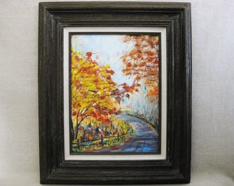 Vibrant Fall Landscape Painting, Original Framed Vintage Rustic Country Cabin Décor
