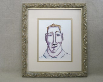 Framed Original Male Portrait Watercolor Painting, Masculine Modern Wall Art Home Décor