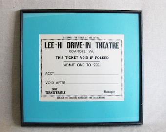 Vintage Drive In Movie Ticket Pass, Framed Cinema Memorabilia, Roanoke Virginia Ephemera Game Room Wall Art