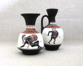 Classical Greek Vase, Ceramic Black Figure, Vintage Vessels Male Pitcher Hand Painted Reproductions