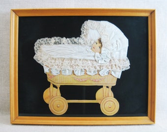 Vintage Baby Portrait Textile Collage Framed Nursery Wall Décor Original Fine Art