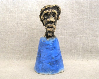 Folk Art Ceramic Table Bell, Vintage Male Figure Portrait Bust Studio Pottery Sculpture