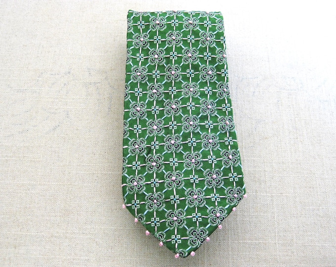 Featured listing image: Green and Pink Silk Tie, Floral Necktie Upcycled, Vintage Hand Embroidered Preppy Men's Accessories