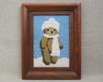 Nursery Teddy Bear Needle Point, Framed Embroidery Vintage Wall Art Home Décor Baby Gifts