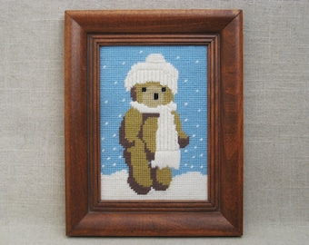 Vintage Teddy Bear Needle Point Framed Embroidery Nursery Wall Décor