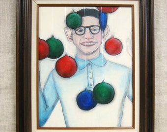 Christmas Male Portrait Painting, Framed Original Wall Art, Holiday Home Décor