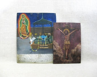 Mexican Folk Art Painting Retablos, Vintage Religious Wall Art Home Décor, Jesus Our Lady of Guadalupe