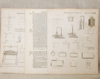 Antique Industrial Thermo-Electricity Engravings, Edinburgh Book Plates, Moffat, Mechanical Illustration