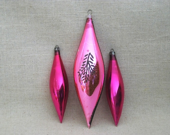 Vintage Glass Pink Teardrop Christmas Ornament Collection, Pink Holiday Décor
