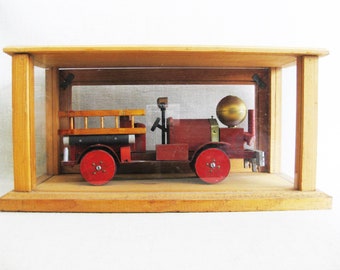 Vintage Fire Engine Sculpture Folk Art in Display Case for Rustic Cabin and Nursery Home Décor