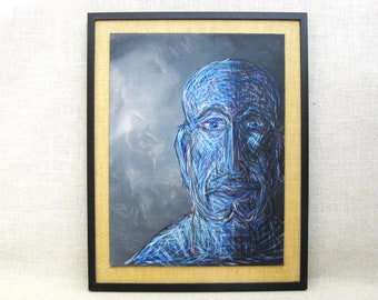 Contemporary Blue Male Portrait Painting, Original Framed Modern Wall Art, Home Décor