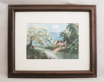 Vintage Mountain Landscape Watercolor Painting, Framed Original Fine Art Wall Décor Art Lover Gift