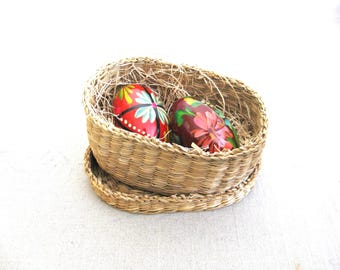 Painted Wooden Eggs in Vintage Basket, Easter Décor, Small Hostess Gift