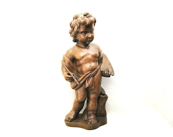 Vintage Male Portrait Putti Carved Wood Statue European Style Putti Sculpture for Old World Décor