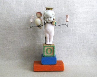 Folk Art Doll Assemblage Sculpture, Antique Bisque Ceramic Male Portrait
