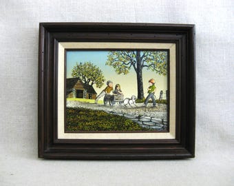 Vintage Landscape Painting, Child Portrait Signed Hargrove, Architectural Framed Serigraph Print on Canvas