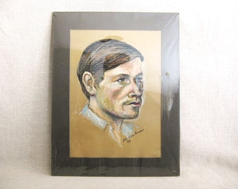 Mid-Century Vintage Male Portrait Drawing Original Fine Art Masculine Wall Décor