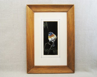 Vintage Bird Art Drawing on Scratch Board Framed Original Fine Art in Light Brown Wooden Frame Nature Décor