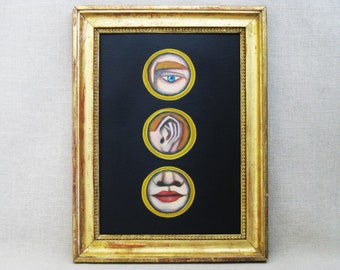 Original Lovers Eye Framed Portrait Painting, Antique Gold Gilt Frame, See No Hear No Speak No Evil, Wedding Gift
