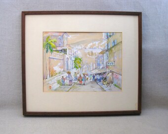 Urban Cityscape Landscape Painting, Original Watercolor Framed Vintage Wall Art Mid-Century Home Décor