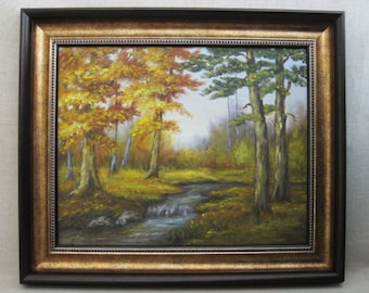 Fall Landscape Painting, Framed Original Autumn Woodlands, Vintage Rustic Cabin Wall Art Home Décor Housewarming Present