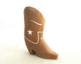 Folk Art Cowboy Boot Wood Carving Sculpture, Vintage Lone Star Texas Design