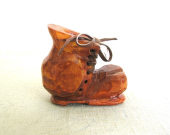Rustic Wooden Shoe Folk Art Sculpture Carving, Boot Miniature Vintage Primitive Cabin Décor