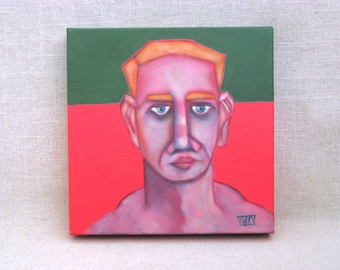 Contemporary Male Portrait Painting, Quirky Original Wall Art on Stretched Gallery Wrapped Canvas 8 x 8