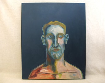 Large Contemporary Male Portrait Painting, Original Colorful Athlete Masculine Wall Art Home Décor