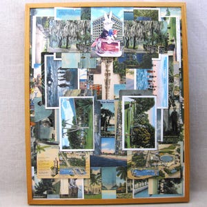Vintage Religious Collage made from Antique Post Cards. Original by Wil Shepherd Studio. Framed. Titled Jesus went to Florida, and all I got were some post cards. Made of Antique Post Cards arranged to create a series of crosses and crucifix.