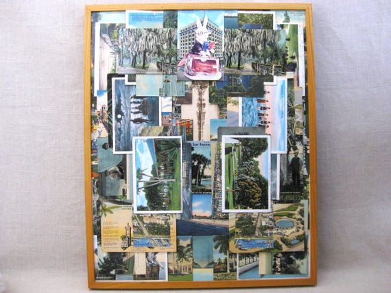Vintage Religious Collage Crucifix of Antique Post Cards, Framed Original Fine Wall Art